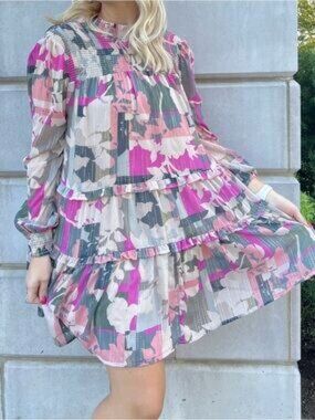 Fate Multicolor Pink Floral Tiered Midi Smock Dress Sheer Sleeves